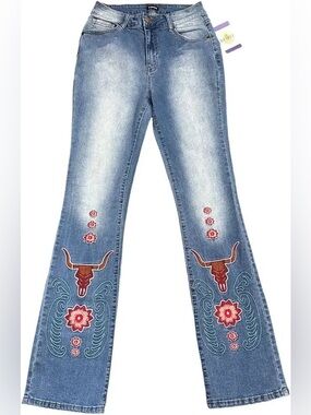 NWOT Flamingals Stretch Western Bull Faded Jeans Bell Bottom Cowgirl Large Rodeo